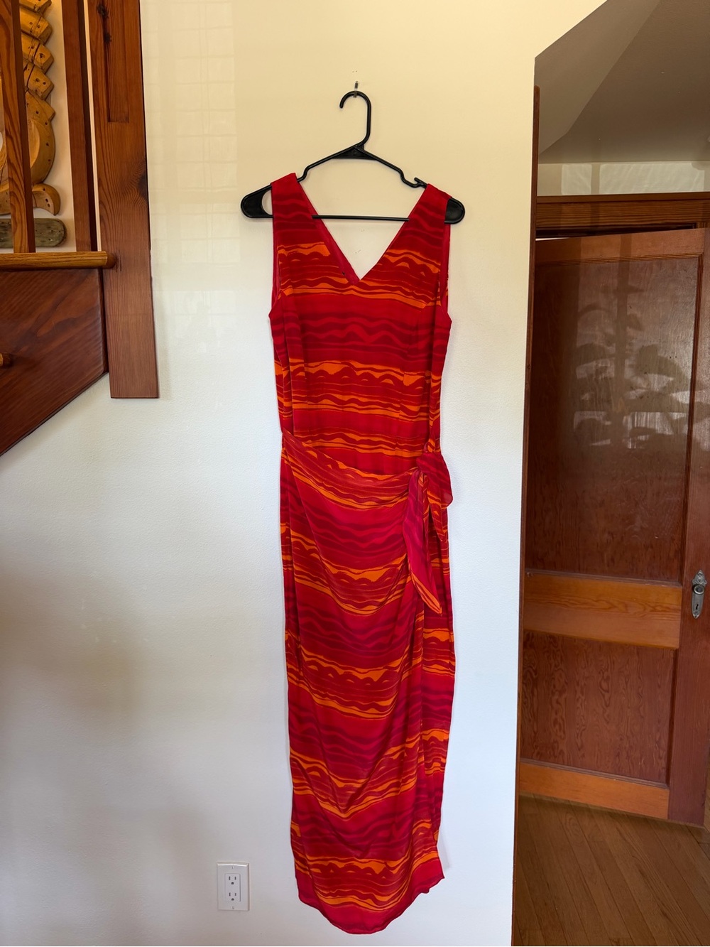 Spencer Jeremy Silk Maxi Dress with Orange and Red Wavy Stripes and tie waist